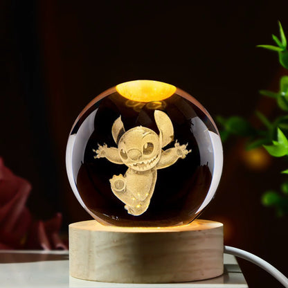3D Crystal Ball Stitch Pikachu Kuromi Princess Hello Kitty Crystal Mini Night Lamp Desk Decoration Boy Girl Gifts