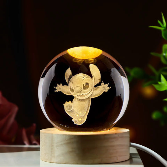 3D Crystal Ball Stitch Pikachu Kuromi Princess Hello Kitty Crystal Mini Night Lamp Desk Decoration Boy Girl Gifts